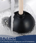 Heavy Duty Rubber Toilet Plunger 12 Pack Smooth Double Thrust Suction Cups in sink, water splashing, black rubber cup.