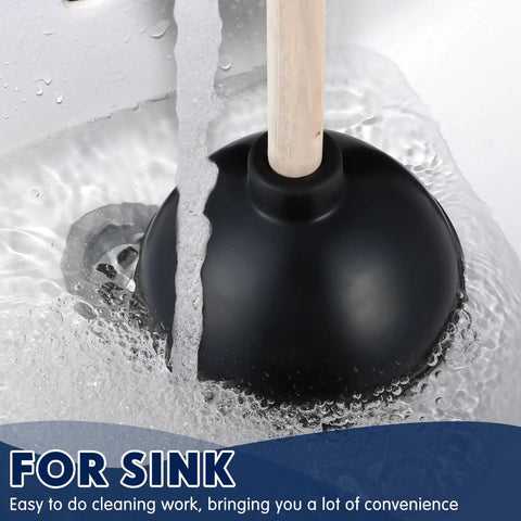 Heavy Duty Rubber Toilet Plunger 12 Pack Smooth Double Thrust Suction Cups in sink, water splashing, black rubber cup.