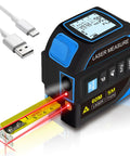 4 In 1 Laser Measure Tool With 60m Range Laser Distance Meter And 16Ft Self Locking Tape Cross Line Dual Axis Angle Finder Rechargeable Pro Grade Build Kit For Pros, USB charging cable attached