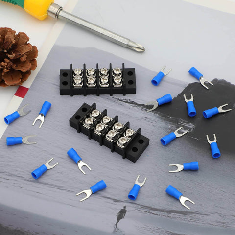 Dual Row Terminal Block Kit, 2 Pack, 4 Circuits, 20-30A, 200V-450V, Screw Terminal Strip With 16 PCS Heat Shrink Wire Connectors