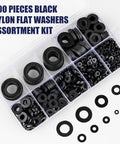 900 Piece Nylon Flat Washer Assortment Kit With Black Plastic Washers For Bolts And Screws M2 Through M12 Ideal For Home And Workshop Use On The Job Site in a clear storage case