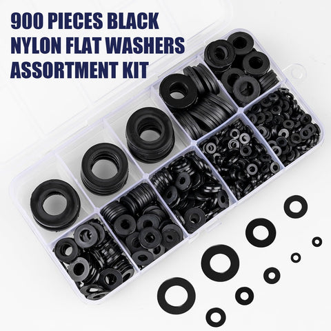 900 Piece Nylon Flat Washer Assortment Kit With Black Plastic Washers For Bolts And Screws M2 Through M12 Ideal For Home And Workshop Use On The Job Site in a clear storage case