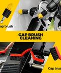 Dope 22 Piece Drill Brush Attachment Kit With Scrub Pads Sponges Buffing Pads Wax Applicator Pads Car Polishing Pads Power Scrubber Gear For Cleaning And Polishing Home Garage Masonry Cleaning Supplies showing gap brushes in use on surfaces.