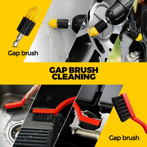 Dope 22 Piece Drill Brush Attachment Kit With Scrub Pads Sponges Buffing Pads Wax Applicator Pads Car Polishing Pads Power Scrubber Gear For Cleaning And Polishing Home Garage Masonry Cleaning Supplies showing gap brushes in use on surfaces.
