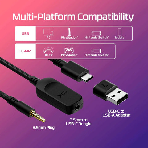 Cloud III Wired Gaming Headset For PC PS5 Xbox Series X S shown with 3.5mm plug, USB-C dongle, USB-A adapter on gradient background