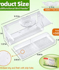 Crystal Clear Window Bird Feeder With Non Marking Self Adhesive Hooks For Easy Setup, showing dimensions and dual tray design.