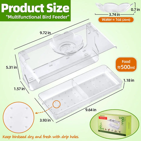 Crystal Clear Window Bird Feeder With Non Marking Self Adhesive Hooks For Easy Setup, showing dimensions and dual tray design.
