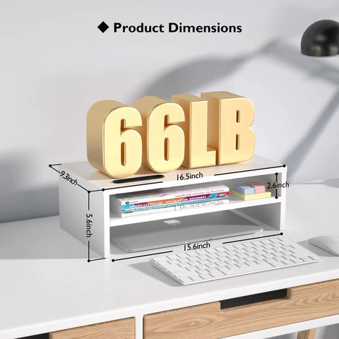 Wooden Monitor Stand Riser With Two Tier Desk Shelf And Cable Management Phone Holder And Eco Friendly White Finish 16.5 Inch