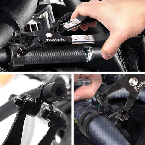 Toolwiz swivel-clamp pliers tightening spring-band hose clamps on a radiator hose