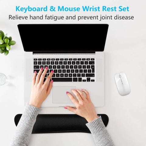 Top view of laptop with Cozy Memory Foam Keyboard Wrist Rest With Non Slip Base For Comfort And Pain Relief Ergonomic Mouse Pad Rest