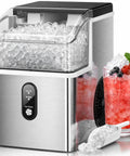 Beast Mode Countertop Nugget Ice Maker churns out soft chewable ice, perfect for drinks, with visible water tank and glass of beverage.