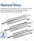 Three aluminum rolling pins showing 13, 15, and 18-inch sizes on a light background with text about size options.