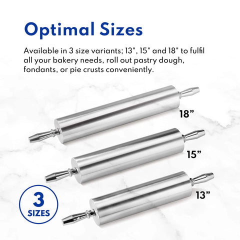Three aluminum rolling pins showing 13, 15, and 18-inch sizes on a light background with text about size options.