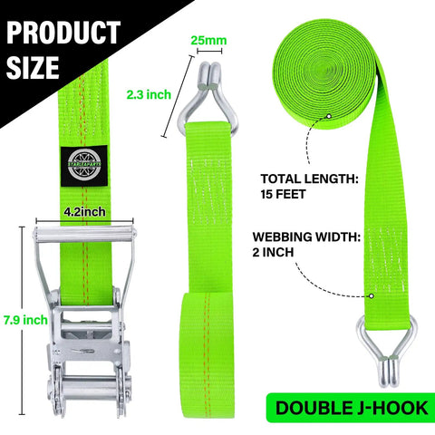 Badass 2 Inch Ratchet Tie Down Straps Heavy Duty Cargo Straps Packed With Double J Hook And 15 Foot Length showing size and features.