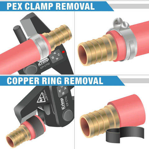 Pex Crimp Fitting Removal Tool For Removing One Half Inch Three Quarter Inch And One Inch Copper Crimp Rings And Stainless Steel Cinch Clamps ICP CT02 Compatible For Pex Plumbing Projects showing clamp removal.
