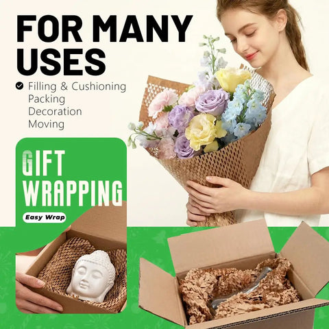 Woman holding bouquet wrapped in Eco Friendly Honeycomb Packing Paper 12 Inch By 180 Foot Cushioning Wrap For Packing And Moving Ideal Gift Wrapping Recyclable Biodegradable Shipping Materials