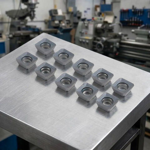 10 Pack Carbide Turning Inserts For Steel Cast Iron And Non Ferrous Metals Machining On Lathe And Milling Tools Holding With Easy Wrench Replacement For A Tough Workhorse With Long Tool Life And Lower Tooling Costs, 10 silver inserts on metal table