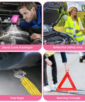 Pink Car Emergency Kit With Jumper Cables And Tow Strap, Roadside Safety Tools showing flashlight, safety vest, tow rope, warning triangle