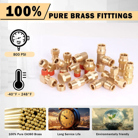 Solid 300 Pc Brass Air Line Fittings Kit With Npt And Push Connectors Featuring Unions Tees Elbows And More For Your Compressor Rig Repair Or Diy Projects; 100% pure brass fittings