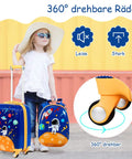 Child with blue astronaut Two Piece Kids Luggage Set With 12 Inch Backpack And 18 Inch Rolling Suitcase outdoors