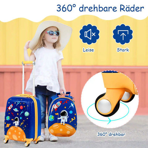 Child with blue astronaut Two Piece Kids Luggage Set With 12 Inch Backpack And 18 Inch Rolling Suitcase outdoors