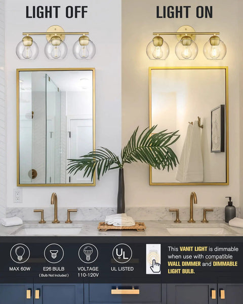 3-Light Gold Bathroom Vanity Light Fixture Over Mirror With Globe Clear Glass Shades, Dope Gold Finish Bath Lighting