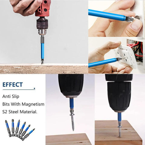 Pro Grade Magnetic Anti Slip Drill Bit Set With Seven Phillips Bits In S2 Alloy Steel Long Bits in use for drilling