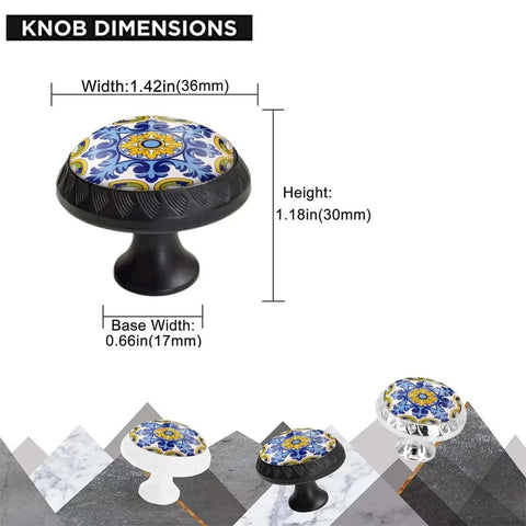 Yellow And Blue Mediterranean Tile Drawer Knobs With Crystal Glass And Silver Base, Boho Style Cabinet Pulls, knob dimensions shown