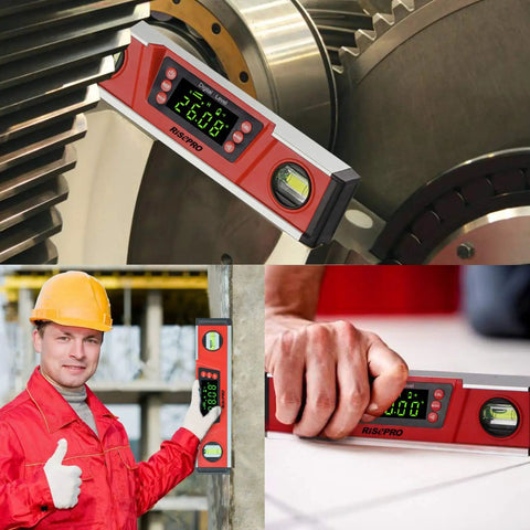 10 Inch Digital Torpedo Level And Protractor With IP54 Protection shown in use on machinery, featuring electronic bubble inclinometer.