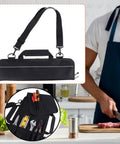 Foldable Knife Roll Storage Bag For Chefs And Home Cooks, black oxford cloth with strap, filled with kitchen tools, protective case