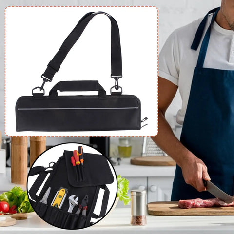 Foldable Knife Roll Storage Bag For Chefs And Home Cooks, black oxford cloth with strap, filled with kitchen tools, protective case