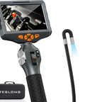 Two Way Articulating Borescope With Light, 5 Inch IPS Endoscope Camera For Auto Mechanics And Auto Repair Pros, Flexible Gooseneck Fiber Optic Scope, 5 Foot Semi Rigid Probe, Handy Engine View And Quick Detections showing camera and gooseneck with case