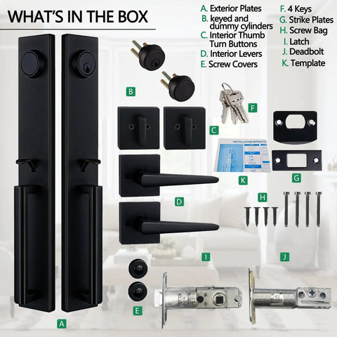 Matte Black Double Door Handleset With Adjustable Hole Position For Us Doors Fits Eight One Third To Nine Five Eighth Inch Bore Includes Keyed Entry And Dummy Handle Easy Install Durable Metal Construction with components labeled