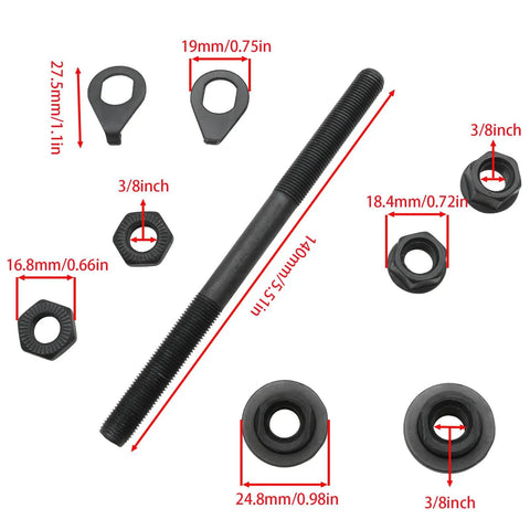 Front Bike Axle 140mm 3 Eighths Inch Black Hub Shaft Replacement Kit With Conical Lock Nut Washer 26 TPI components