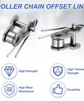 Cool Roller Chain Offset Half Link For Din 04B-1 Systems With Super Tight 6mm Pitch, Heavy Duty Manganese Steel Build, Set Of 10 Pieces. Two views of offset link with strength icons.