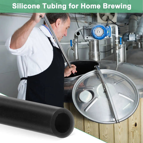 Man using Silicone Tubing 9/32 Inch ID (7mm) by 7/16 Inch OD (11mm), 10 Ft High Temp Hose for home brewing in a brewery setting.