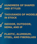 Highlighted features: hundreds of shapes, thousands in stock, indoor/outdoor use, available in plastic, aluminum, steel, fiberglass