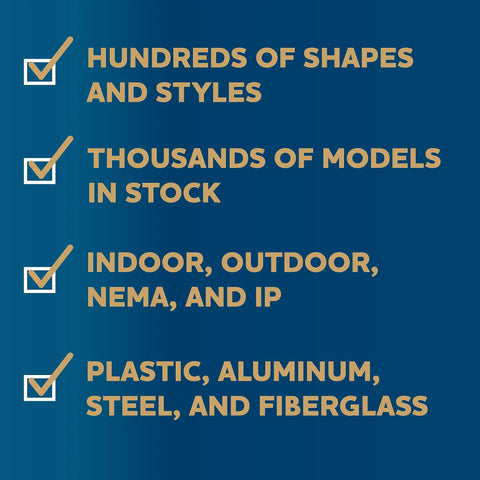 Text with checkmarks about indoor, outdoor, NEMA, IP, and materials like plastic, aluminum, steel, fiberglass.