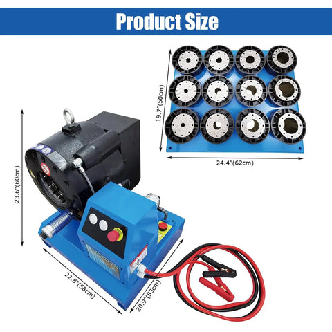 Professional Electric Hydraulic Hose Crimper And Swaging Tool For Quick 1/4 To 2 Inch Fittings, showing product size, control panel, and dies.