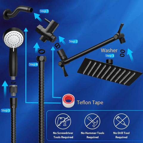 High Pressure Handheld Shower Head Set With 59 Inch Stainless Steel Hose And 8 Inch Square Rain Head No Fuss Install Guide