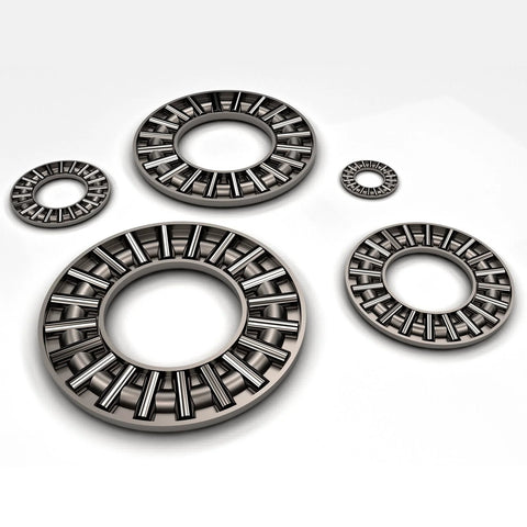 Group of thrust needle roller bearings with washers in assorted sizes; metal, 75mm bore, 100mm OD, 4mm thick