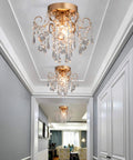 Mini Crystal Chandelier Flush Mount Ceiling Light With Gold Finish, Sparkling E26 Base Fixture in elegant hallway.