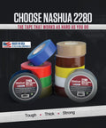 Various colors of duct tape rolls stacked with 'Choose Nashua 2280' text; Tan Duct Tape All Purpose Water Resistant 1.89 Inch By 60 Yards Roll included