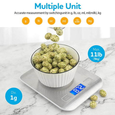 Pro Grade Ultra Precise Kitchen Scale For Cooking And Meal Prep With Easy Unit Conversion In Grams Ounces Milliliters And Kilograms, stainless steel food scale with bowl on LCD display showing 87.3 grams