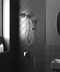 PowerShot Shower System With Air-Infused Curved 8 Inch Multi-Pattern Showerhead And 3 Function Hand Shower, Brushed Nickel Finish, Easy Drillless Install, Accessible Diverter For Custom Spa Like Showers in a modern bathroom setting.