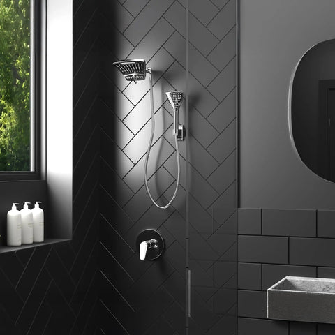 PowerShot Shower System With Air-Infused Curved 8 Inch Multi-Pattern Showerhead And 3 Function Hand Shower, Brushed Nickel Finish, Easy Drillless Install, Accessible Diverter For Custom Spa Like Showers in a modern bathroom setting.