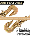 Close-up of G70 hooks on G80 Tow Chain 3 Eighth Inch By 20 Feet With G70 Hooks Heavy Duty Binder Chain