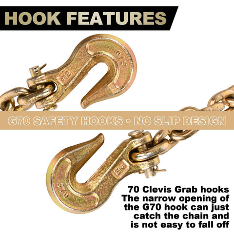 Close-up of G70 hooks on G80 Tow Chain 3 Eighth Inch By 20 Feet With G70 Hooks Heavy Duty Binder Chain