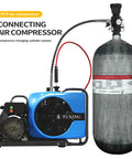 12L 4500 PSI High Pressure Carbon Fiber Tank with PCP air compressor for paintball and scuba diving, side view