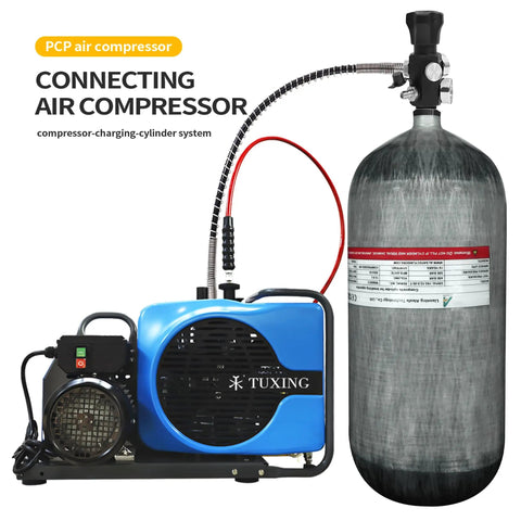12L 4500 PSI High Pressure Carbon Fiber Tank with PCP air compressor for paintball and scuba diving, side view